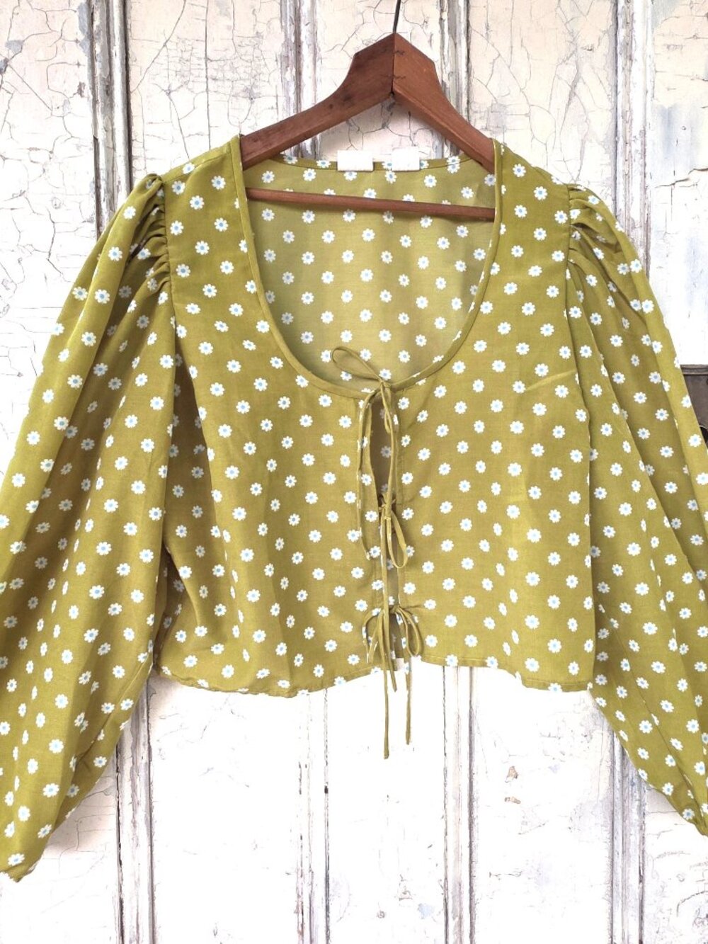 Levi's Womens Sz L Floral Balloon Long Sleeve Front Tie Blouse Daisy Green